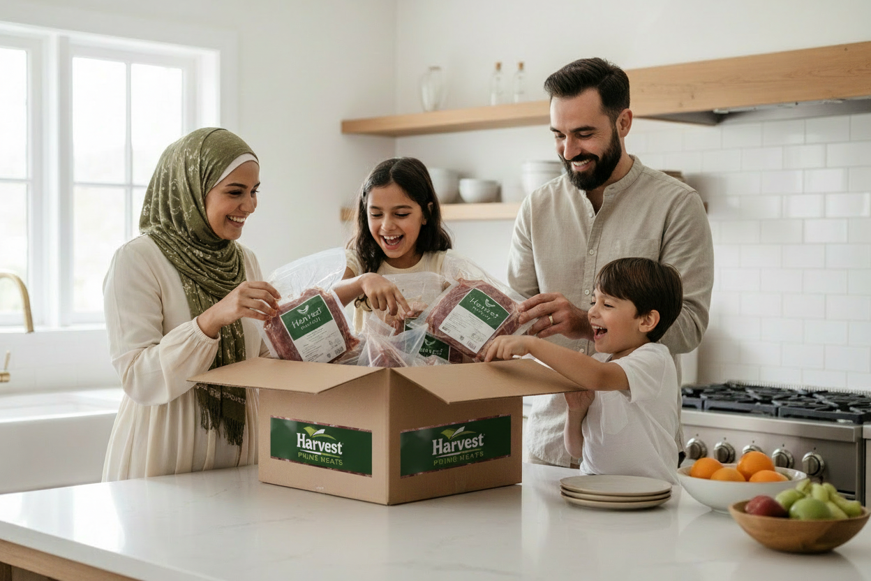 Family with Harvest Prime Meats Branded Box