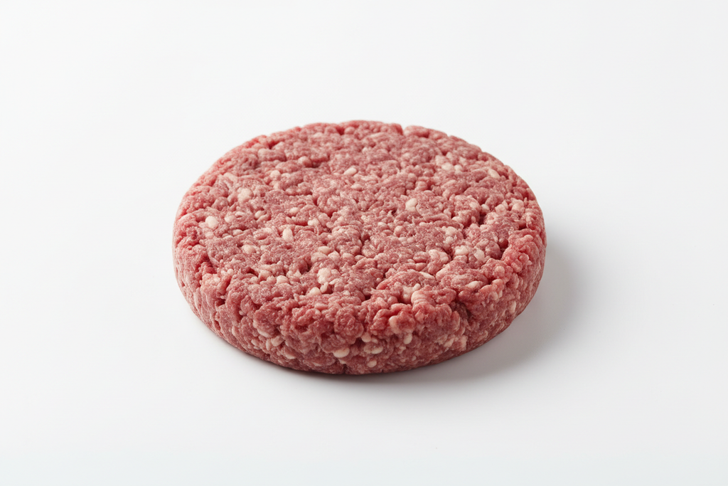 Raw 8 ounce beef patty