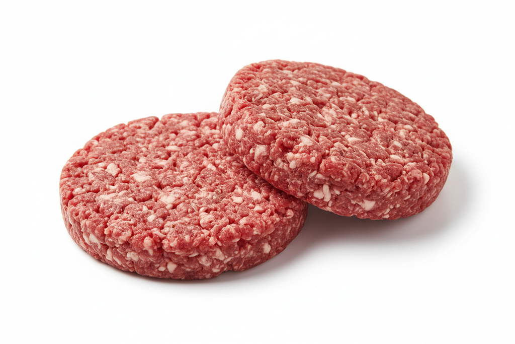 Two raw 8 ounce beef patties
