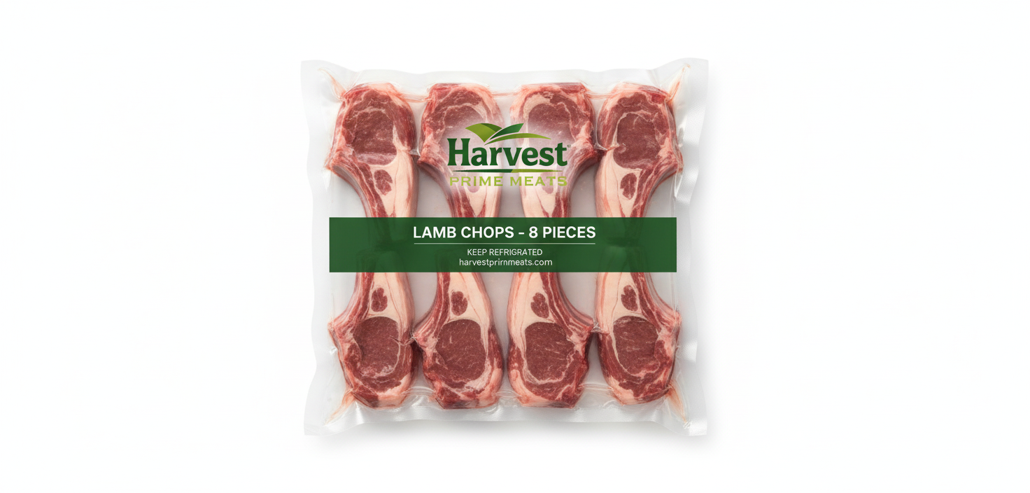 Vacuum-sealed 8 separated Lamb Chops with Harvest Prime Meats branding