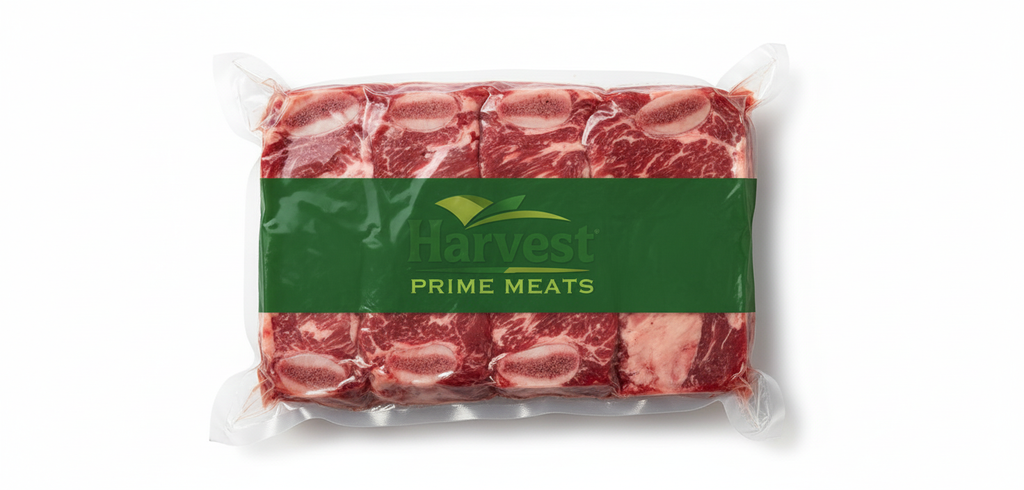 Vacuum-sealed beef chuck short rib with Harvest Prime Meats logo