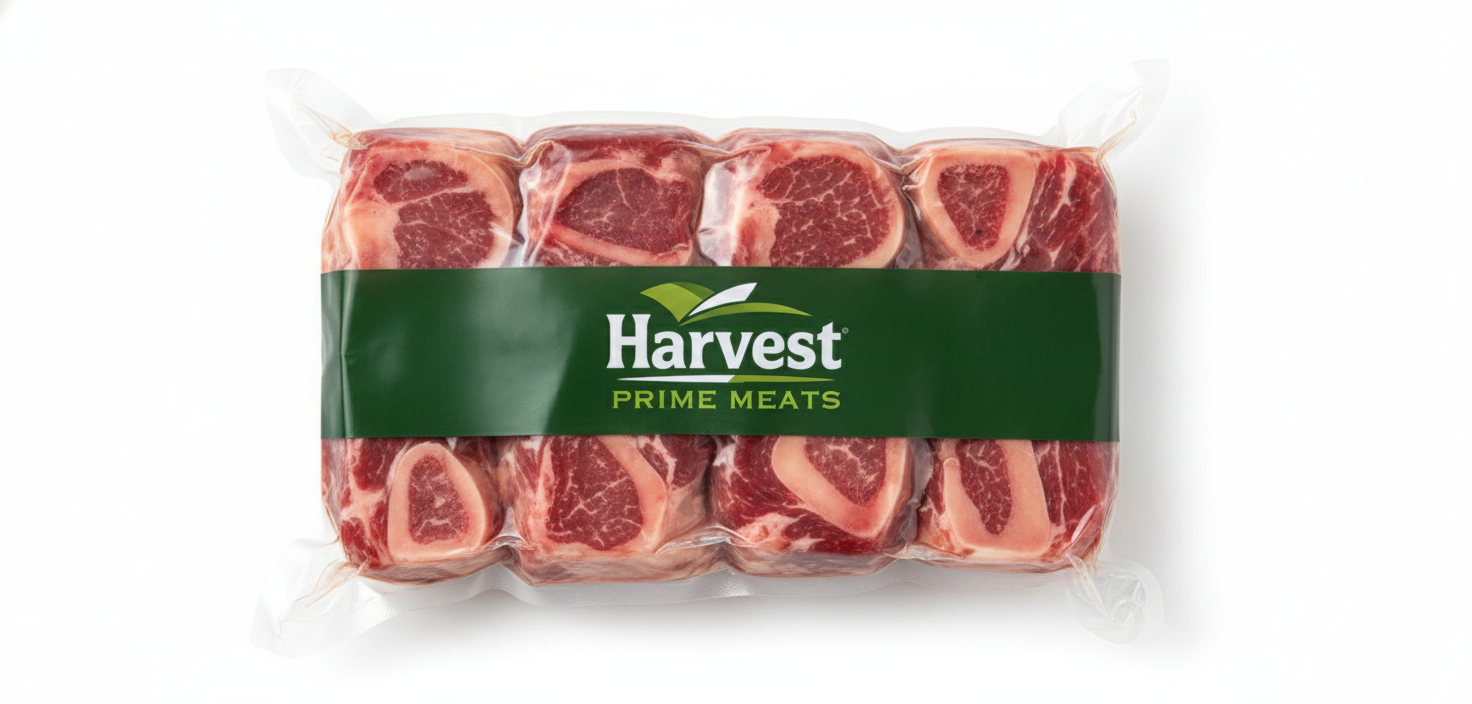 Vacuum-sealed beef knuckle bones with Harvest Prime Meats logo