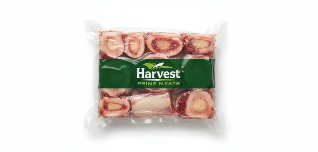 Vacuum-sealed beef marrow bones with Harvest Prime Meats logo