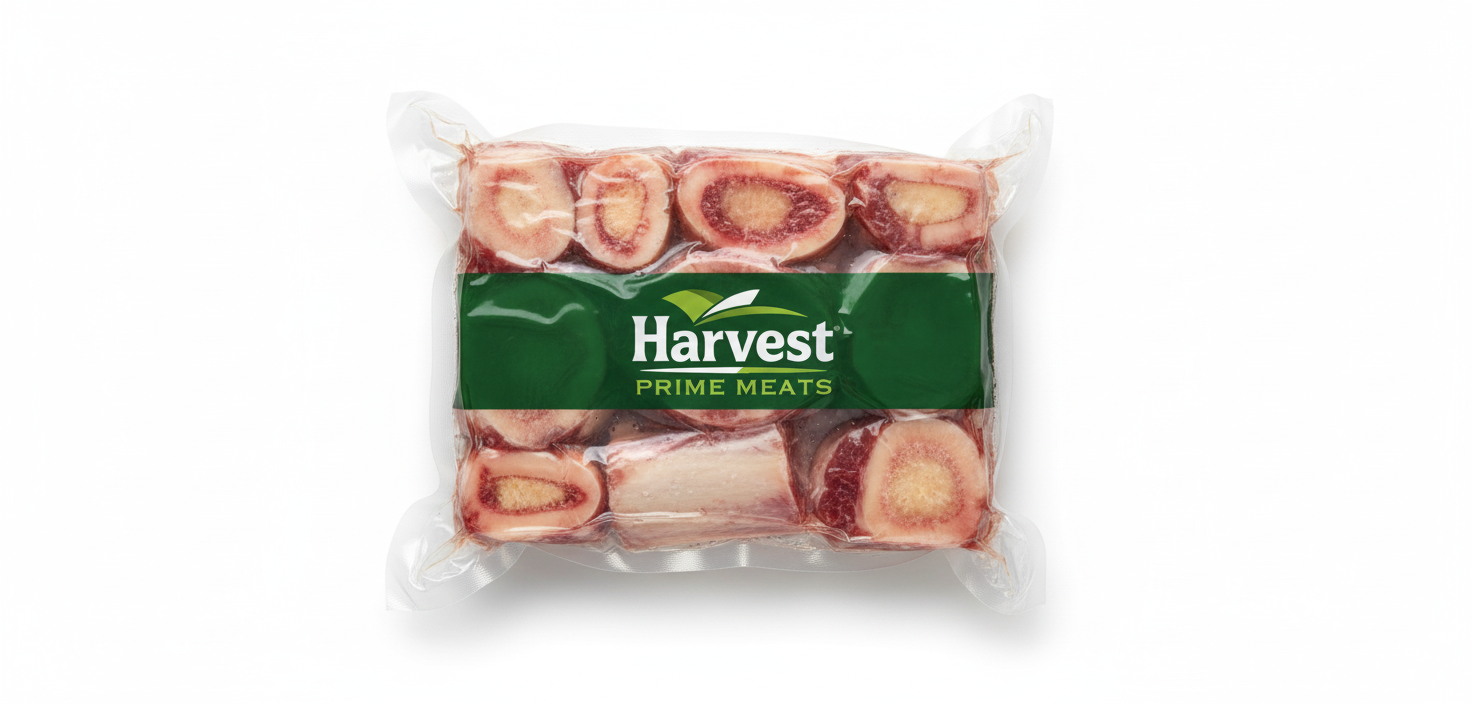 Vacuum-sealed beef marrow bones with Harvest Prime Meats logo