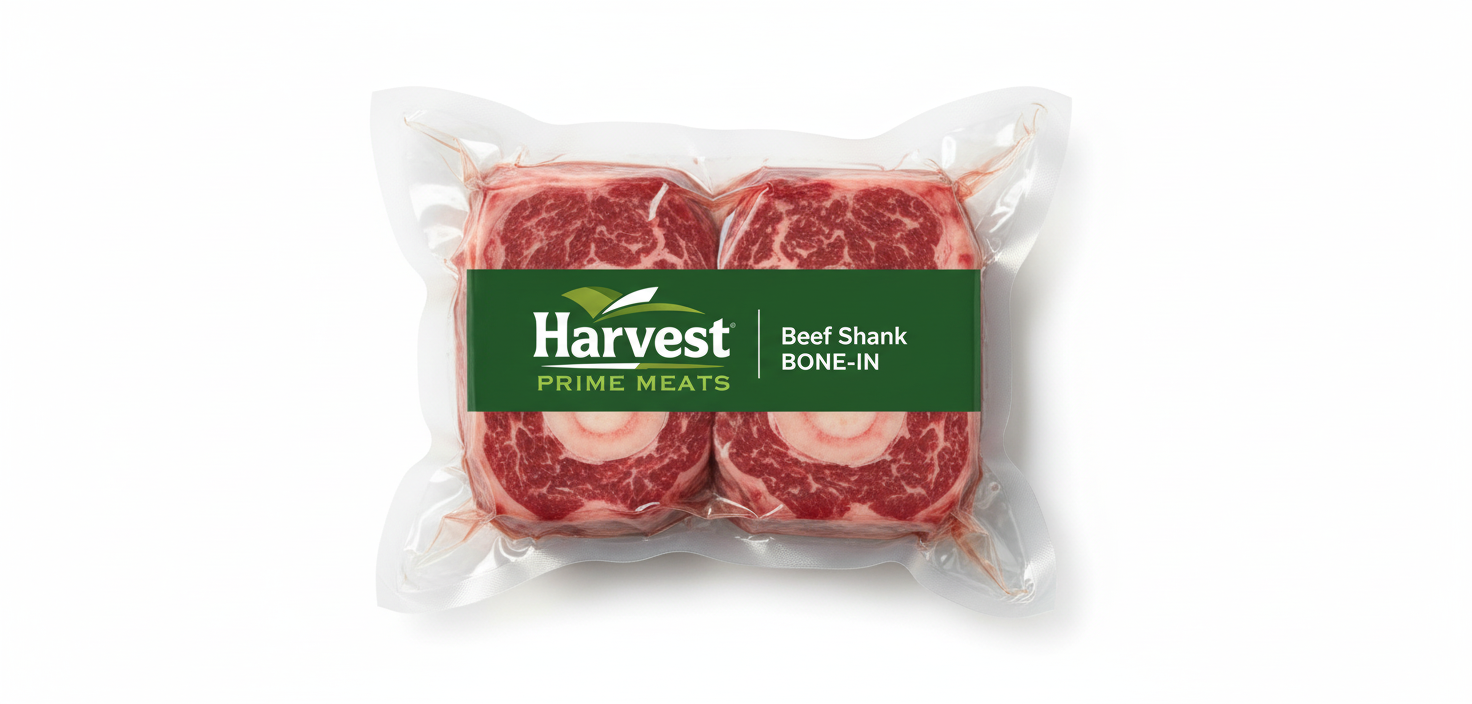 Vacuum-sealed beef shank 2 pieces bone-in with product name and Harvest Prime Meats logo