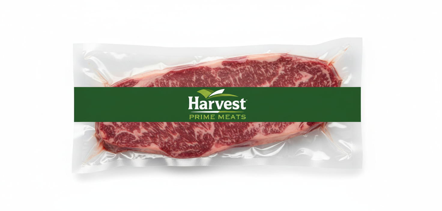 Vacuum-sealed beef skirt steak with Harvest Prime Meats logo