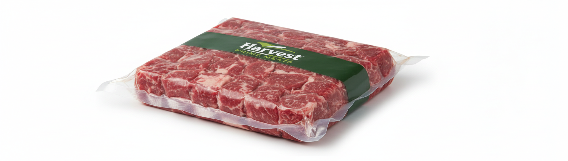 Vacuum-sealed beef stew meat - angled view