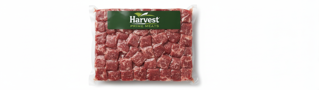 Vacuum-sealed beef stew meat - top view