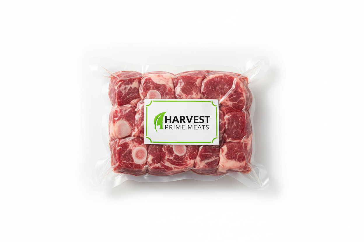 Vacuum-sealed bone-in lamb cubes with Harvest Prime Meats logo