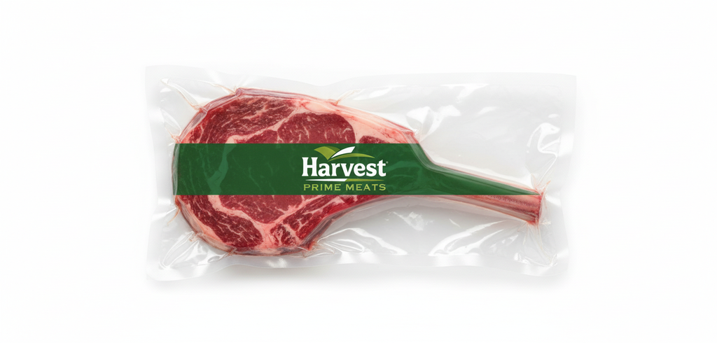 Vacuum-sealed cowboy steak with Harvest Prime Meats logo