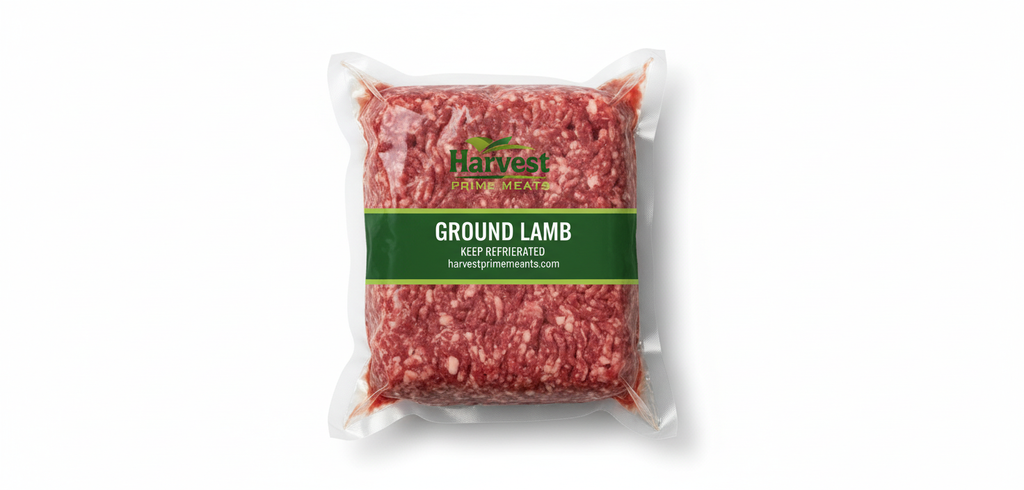 Vacuum-sealed Ground Lamb with Harvest Prime Meats branding