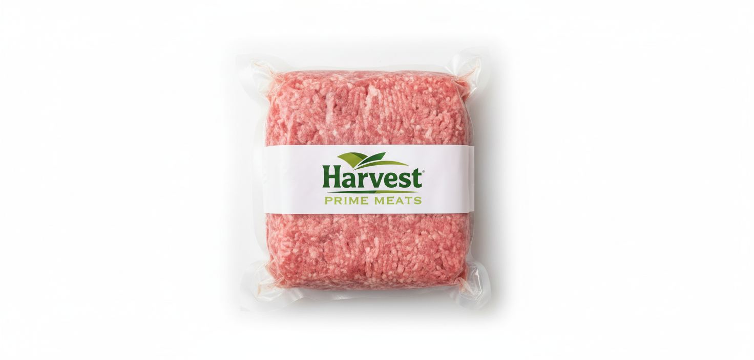 Vacuum-sealed ground veal with white band and Harvest Prime Meats logo