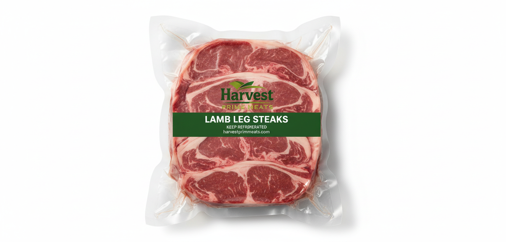 Vacuum-sealed Lamb Leg Steaks with Harvest Prime Meats branding