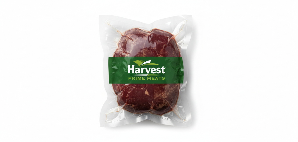 Vacuum-sealed lamb liver with Harvest Prime Meats logo on white background