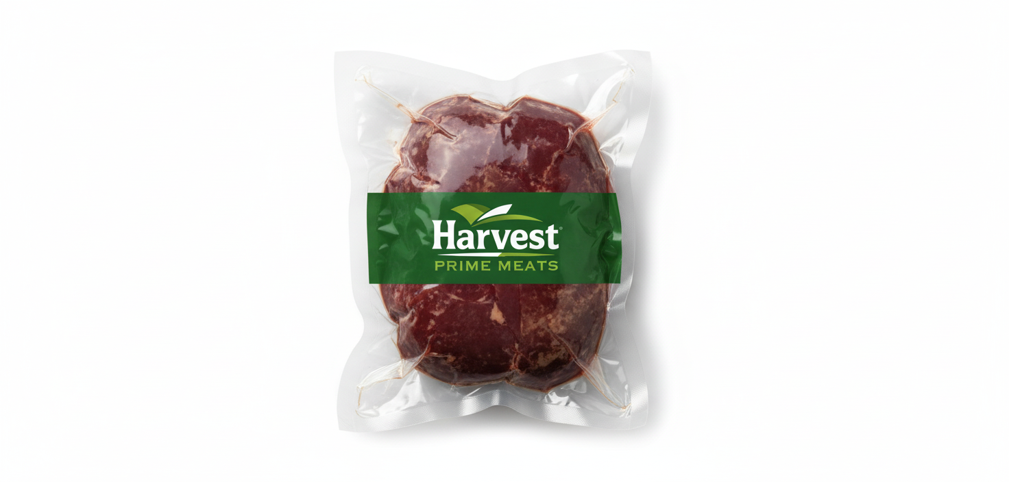 Vacuum-sealed lamb liver with Harvest Prime Meats logo on white background