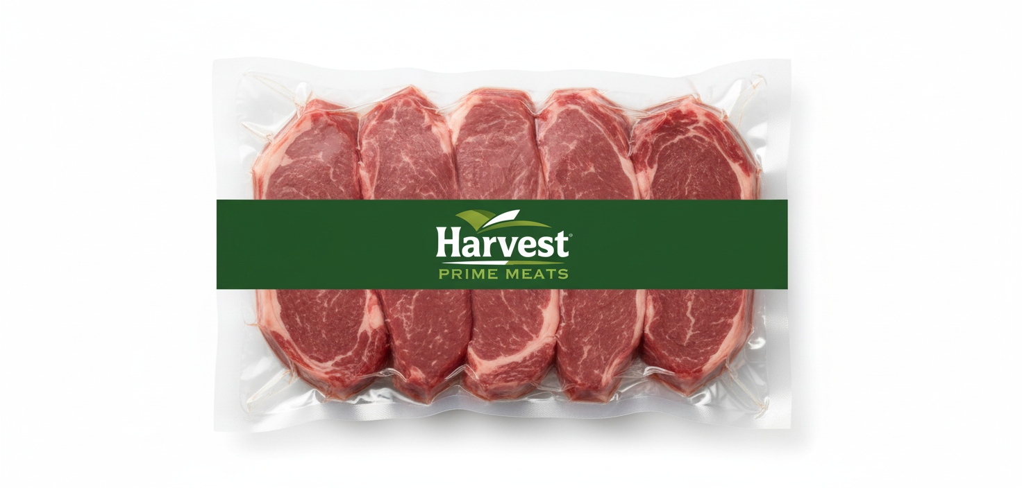 Vacuum-sealed lamb loin strip steak 5 pieces without tray with Harvest Prime Meats logo