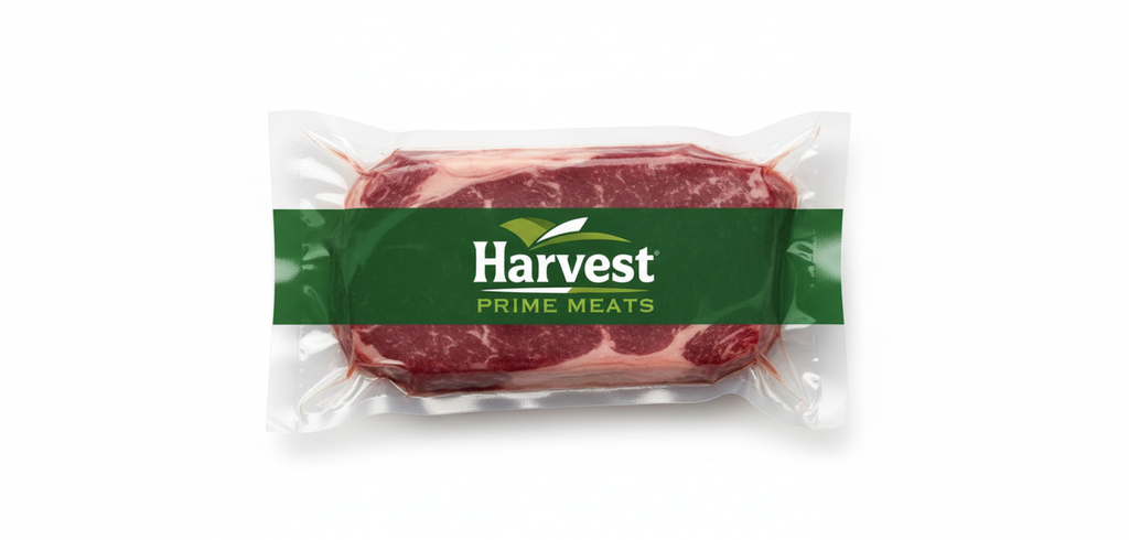 Vacuum-sealed lamb loin strip steak with Harvest Prime Meats logo