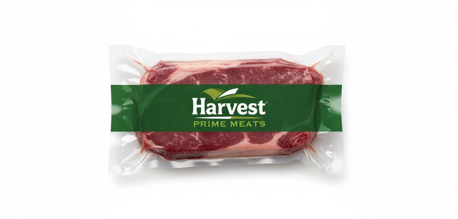 Vacuum-sealed lamb loin strip steak with Harvest Prime Meats logo