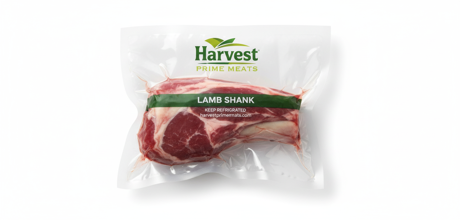 Vacuum-sealed Lamb Shank with Harvest Prime Meats branding