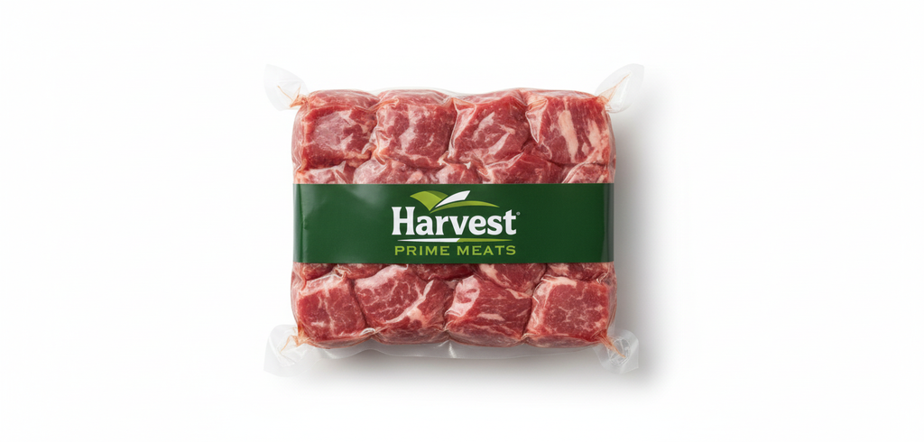 Vacuum-sealed lamb stew meat with Harvest Prime Meats logo