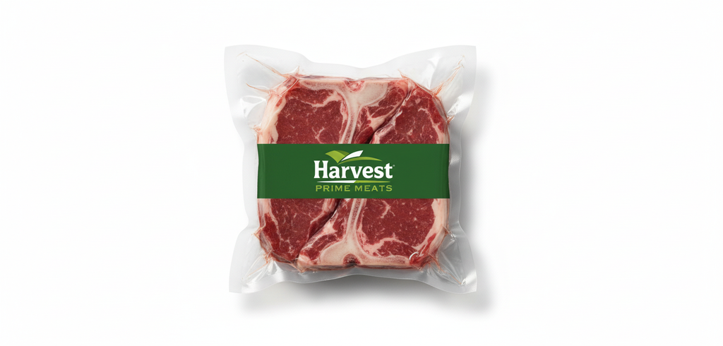 Vacuum-sealed lamb T-bone steaks with Harvest Prime Meats logo
