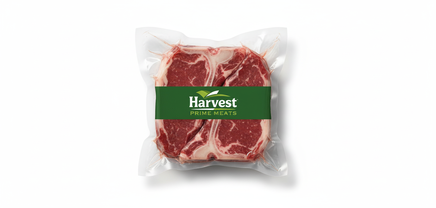 Vacuum-sealed lamb T-bone steaks with Harvest Prime Meats logo
