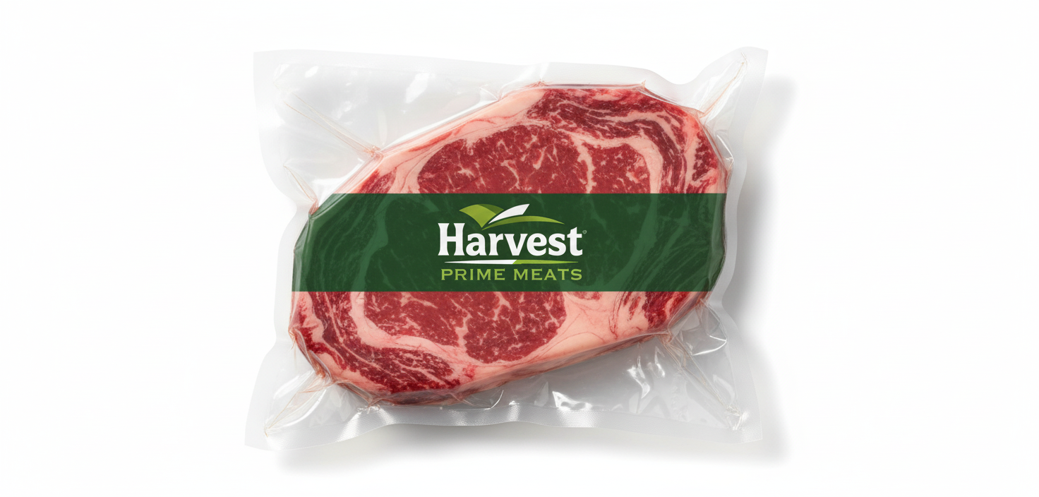 Vacuum-sealed prime ribeye steak with Harvest Prime Meats logo