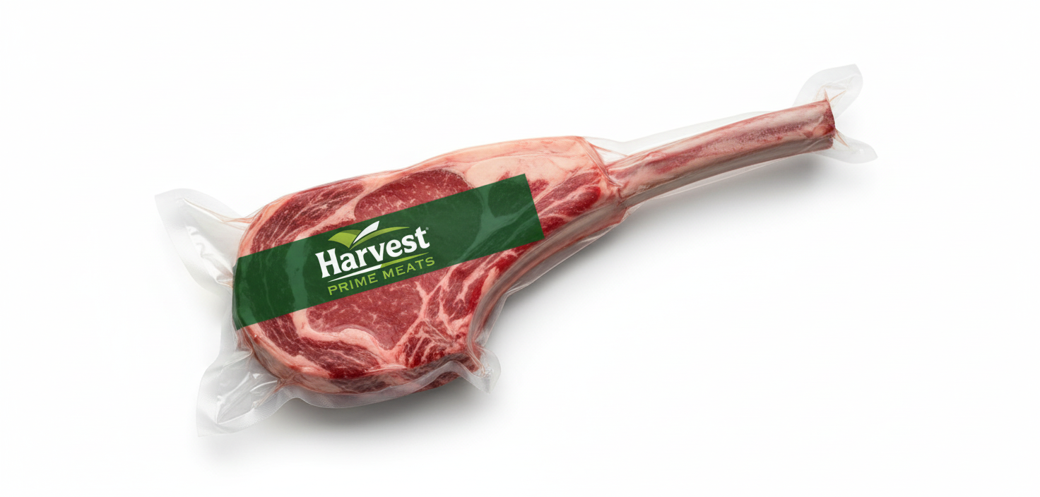 Vacuum-sealed tomahawk steak with Harvest Prime Meats logo