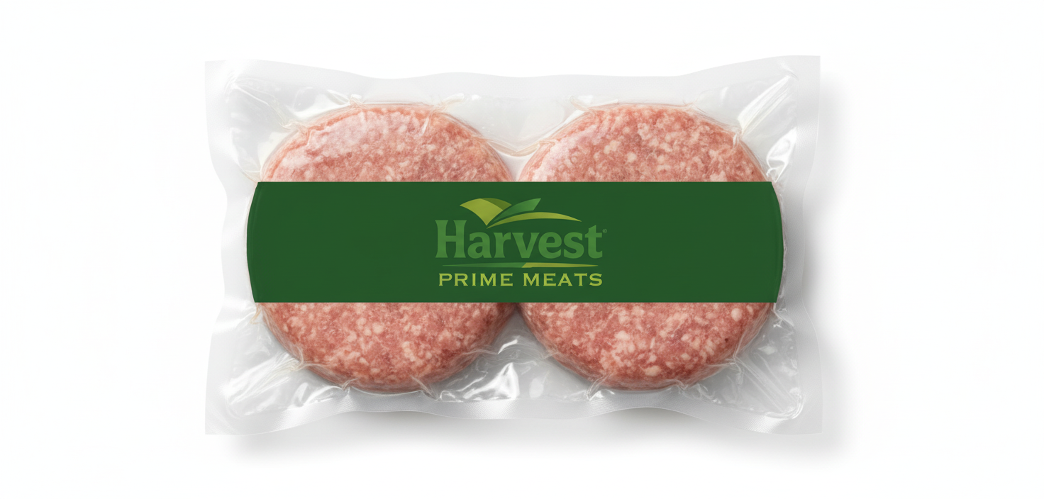 Vacuum-sealed veal burgers 8 oz with Harvest Prime Meats logo