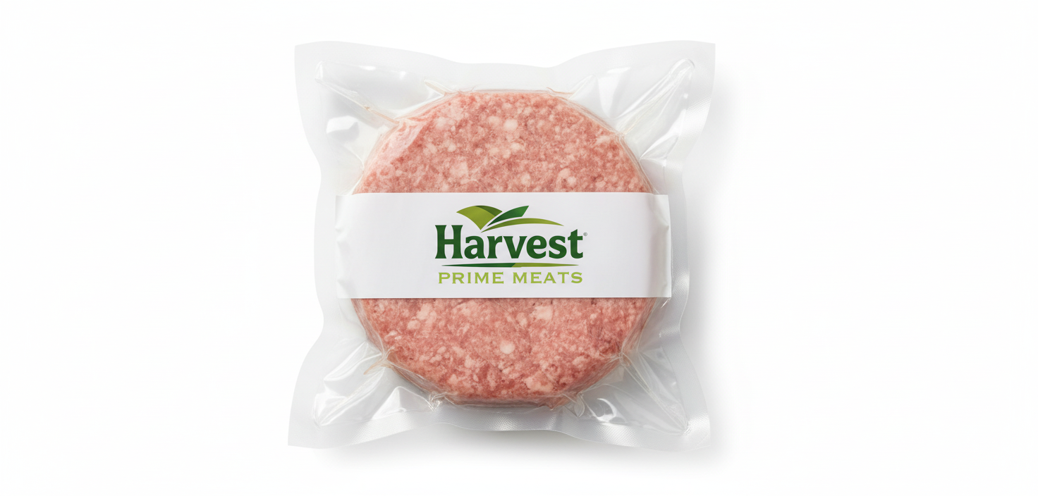 Vacuum-sealed veal burgers 8 oz with white band and Harvest Prime Meats logo