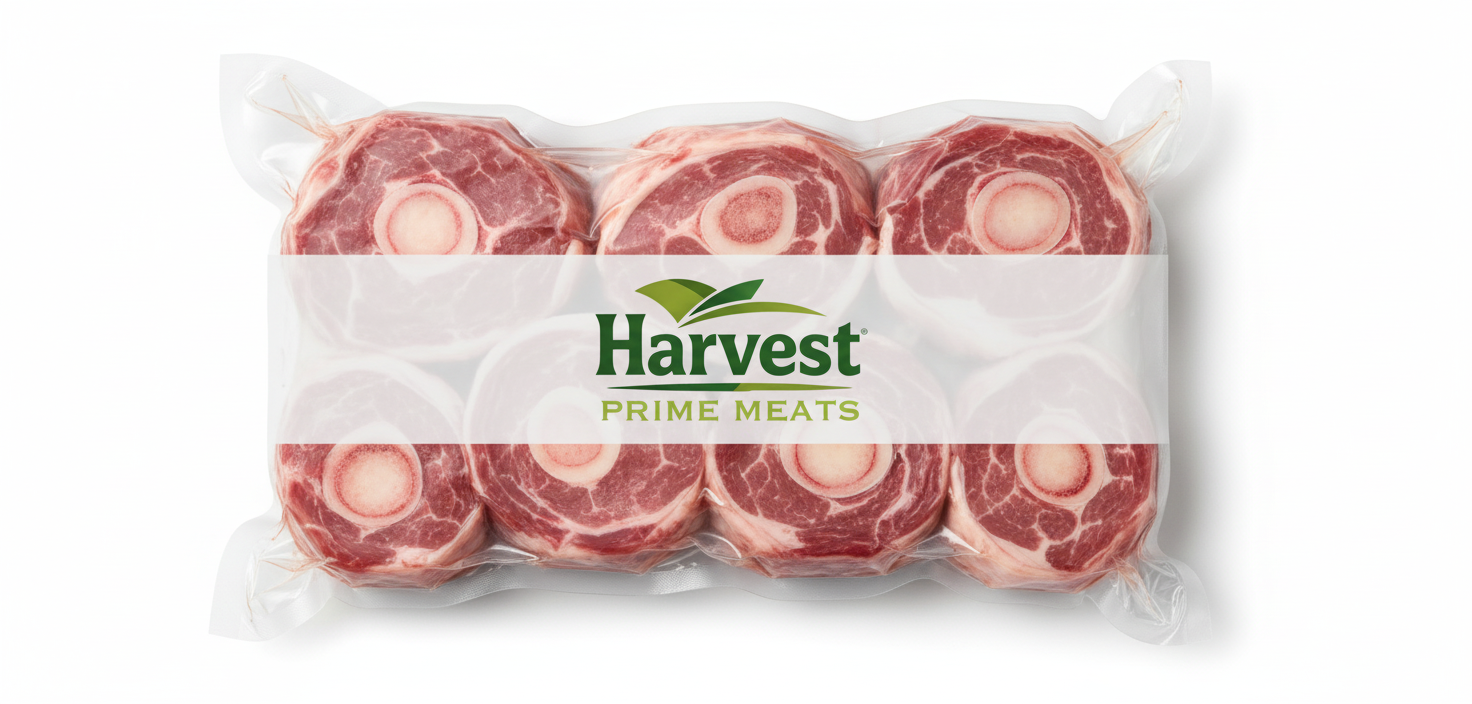 Vacuum-sealed veal shank pieces with white band and Harvest Prime Meats logo