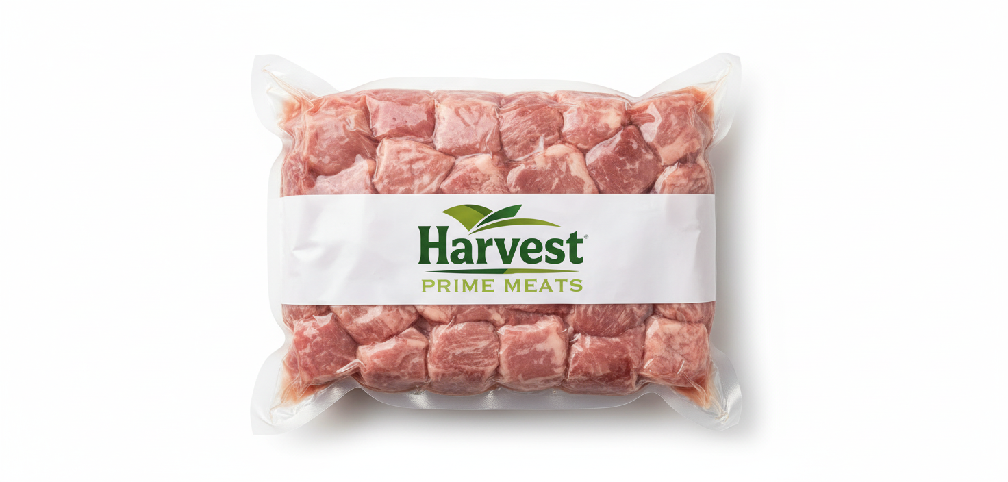 Vacuum-sealed veal stew with white band and Harvest Prime Meats logo
