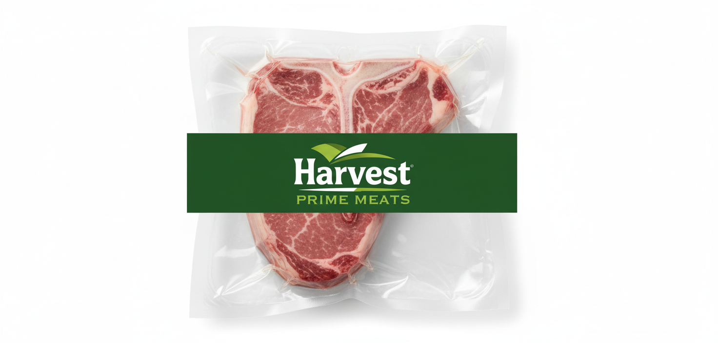 Vacuum-sealed veal T-bone with Harvest Prime Meats logo