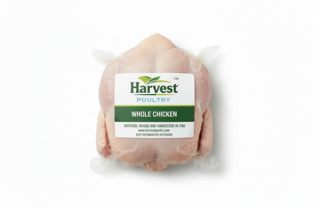 Vacuum-sealed whole chicken with complete label including storage instructions