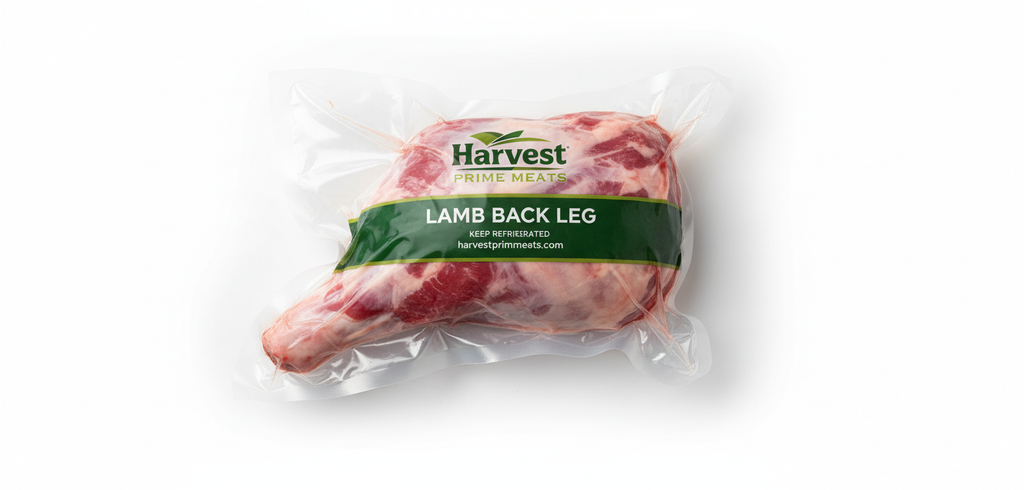 Vacuum-sealed whole Lamb Back Leg with Harvest Prime Meats branding