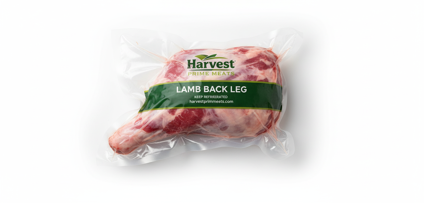 Vacuum-sealed whole Lamb Back Leg with Harvest Prime Meats branding